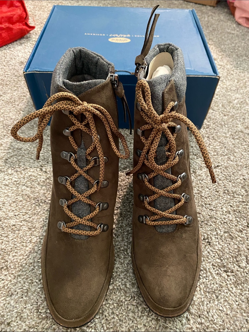 Dr. Scholl's Brown Suede Wedge Lace-Up Boots with Gray Collar